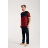 Moda Erkek Bordo Düğmeli Yaka Kısa Kol Pijama Takımı