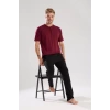 Moda Erkek Bordo Düğmeli Yaka Kısa Kol Pijama Takımı