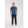 Moda Erkek İndigo Düğmeli Yaka Kısa Kol Pijama Takımı