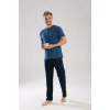 Moda Erkek İndigo Düğmeli Yaka Kısa Kol Pijama Takımı