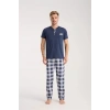 Moda Erkek Lacivert Düğmeli Yaka Kısa Kol Pijama Takımı