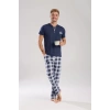 Moda Erkek Lacivert Düğmeli Yaka Kısa Kol Pijama Takımı