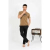 Moda Erkek Pamuk Kısa Kol Pijama Takım Vizon