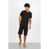Moda Erkek Pamuk Lakost Alt Üst Kaprili Pijama Takım Siyah