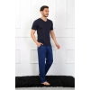 Moda Erkek Penye 3lü Lacivert V Yaka Pijama Takımı
