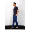 Moda Erkek Penye 3lü Lacivert V Yaka Pijama Takımı