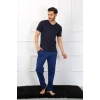 Moda Erkek Penye 3lü Lacivert V Yaka Pijama Takımı
