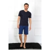 Moda Erkek Penye 3lü Lacivert V Yaka Pijama Takımı