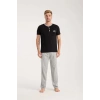 Moda Erkek Siyah Düğmeli Yaka Kısa Kol Pijama Takımı