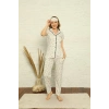 Moda Kadın %100 Pamuk Önden Düğmeli Kısa Kol Pijama Takım Ekru
