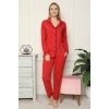 Moda Kadın %100 Pamuk Penye Önden Düğmeli Uzun Kol Pijama Takım Kırmızı