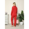 Moda Kadın %100 Pamuk Penye Önden Düğmeli Uzun Kol Pijama Takım Kırmızı