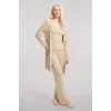 Moda Kadın Bej Kısa Kimono 3’lü Takım Yumuşak Dokulu Şık Rahat Ev Giyim Seti