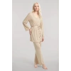 Moda Kadın Bej Kısa Kimono 3’lü Takım Yumuşak Dokulu Şık Rahat Ev Giyim Seti