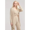 Moda Kadın Bej Kısa Kimono 3’lü Takım Yumuşak Dokulu Şık Rahat Ev Giyim Seti