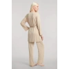 Moda Kadın Bej Kısa Kimono 3’lü Takım Yumuşak Dokulu Şık Rahat Ev Giyim Seti
