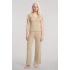 Moda Kadın Bej V Yaka Yumuşak Dokulu Pijama Takımı Rahat ve Şık Ev Giyim Seti