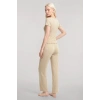 Moda Kadın Bej V Yaka Yumuşak Dokulu Pijama Takımı Rahat ve Şık Ev Giyim Seti