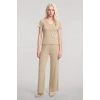 Moda Kadın Bej Yumuşak Dokulu Minimal V Yaka Fırfırlı Üst Şık Günlük Bluz