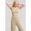 Moda Kadın Bej Yumuşak Dokulu Minimal V Yaka Fırfırlı Üst Şık Günlük Bluz