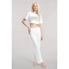 Moda Kadın Beyaz Baskılı Crop T-Shirt Pantolon Takım %100 Pamuk Rahat 2’li Set