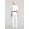 Moda Kadın Beyaz Baskılı Crop T-Shirt Pantolon Takım %100 Pamuk Rahat 2’li Set
