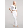 Moda Kadın Beyaz Baskılı Crop T-Shirt Pantolon Takım Rahat Günlük Kombin 2’li Set