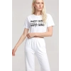 Moda Kadın Beyaz Baskılı Crop T-Shirt Pantolon Takım Rahat Günlük Kombin 2’li Set