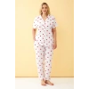 Moda Kadın Beyaz Kırmızı Kalp Desenli Önden Düğmeli Büyük Beden Pijama Takımı