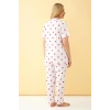 Moda Kadın Beyaz Kırmızı Kalp Desenli Önden Düğmeli Büyük Beden Pijama Takımı