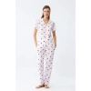Moda Kadın Beyaz Kırmızı Kalpli Önden Düğmeli Pijama Takımı