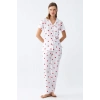 Moda Kadın Beyaz Kırmızı Kalpli Önden Düğmeli Pijama Takımı