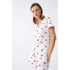 Moda Kadın Beyaz Kırmızı Kalpli Önden Düğmeli Pijama Takımı