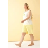 Moda Kadın Beyaz Kurdele Detaylı Sarı Çizgili Şortlu Büyük Beden Pijama Takımı