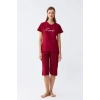 Moda Kadın Bordo Kalp Desenli Kapri Pijama Takımı