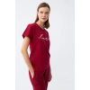Moda Kadın Bordo Kalp Desenli Kapri Pijama Takımı