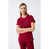 Moda Kadın Bordo Kalp Desenli Kısa Kollu Penye Pijama Takımı
