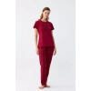 Moda Kadın Bordo Kalp Desenli Kısa Kollu Penye Pijama Takımı