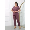 Moda Kadın Büyük Beden Kısa Kol Penye Pijama Takımı Mürdüm