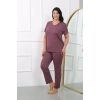 Moda Kadın Büyük Beden Kısa Kol Penye Pijama Takımı Mürdüm
