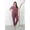 Moda Kadın Büyük Beden Kısa Kol Penye Pijama Takımı Mürdüm