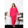 Moda Kadın Büyük Beden Pamuklu Cepli Düğmeli Fuşya Pijama Takım