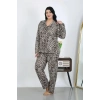 Moda Kadın Büyük Beden Pamuklu Cepli Düğmeli Kahve Pijama Takım