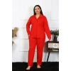 Moda Kadın Büyük Beden Pamuklu Cepli Düğmeli Kırmızı Pijama Takım