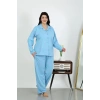 Moda Kadın Büyük Beden Pamuklu Cepli Düğmeli Mavi Pijama Takım
