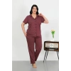 Moda Kadın Büyük Beden Pamuklu Cepli Düğmeli Mor Pijama Takım