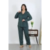 Moda Kadın Büyük Beden Pamuklu Cepli Düğmeli Petrol Pijama Takım
