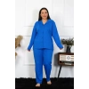 Moda Kadın Büyük Beden Pamuklu Cepli Düğmeli Saks Pijama Takım
