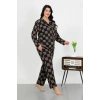 Moda Kadın Büyük Beden Pamuklu Cepli Düğmeli Siyah Pijama Takım