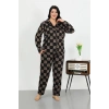 Moda Kadın Büyük Beden Pamuklu Cepli Düğmeli Siyah Pijama Takım